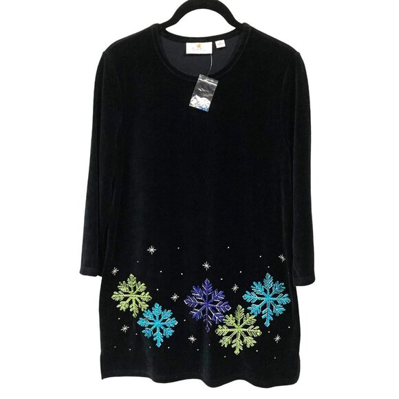 Quacker Factory Winter Wonderland Small Black Velour Tunic Sequin Snowflakes New - Picture 1 of 9